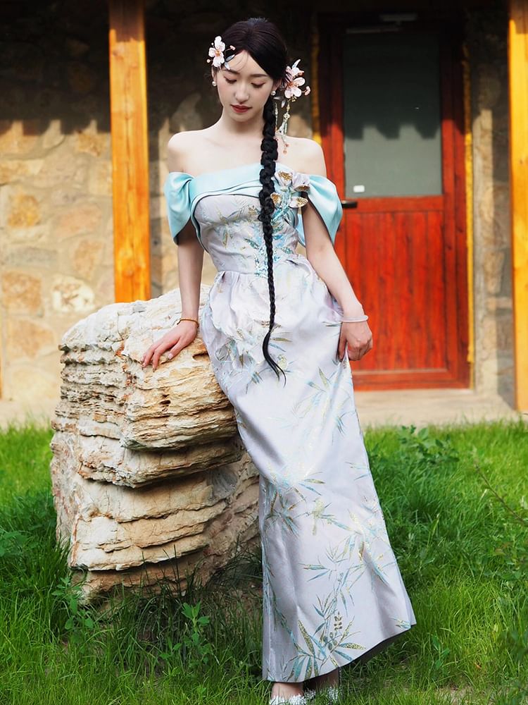 Sleeveless Off-Shoulder Floral Sequin Sheath Evening Gown FashionChic