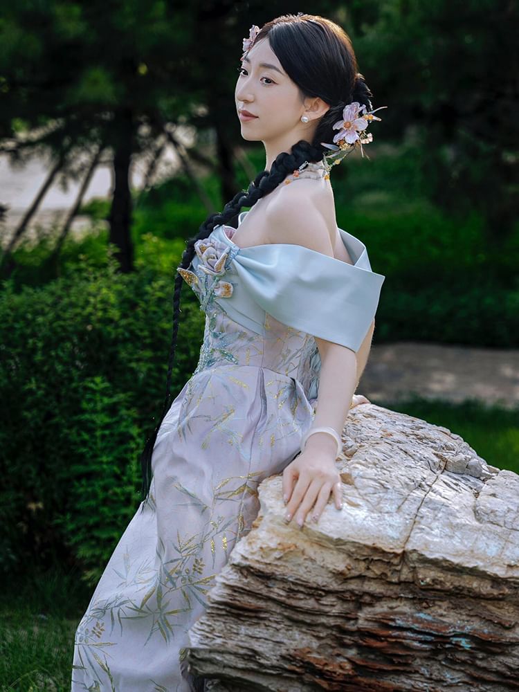 Sleeveless Off-Shoulder Floral Sequin Sheath Evening Gown FashionChic