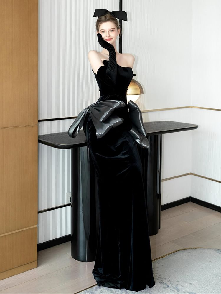 Strapless Plain Bow Sheath Evening Gown SpreePicky