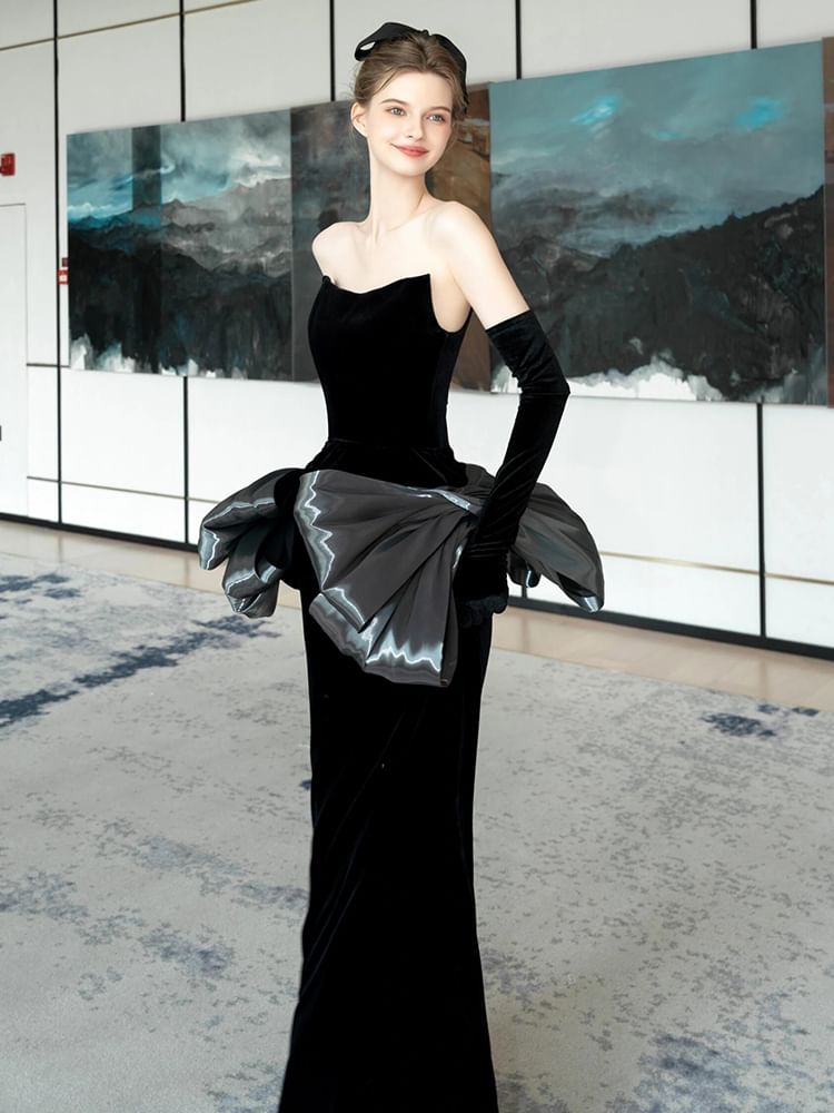 Strapless Plain Bow Sheath Evening Gown SpreePicky