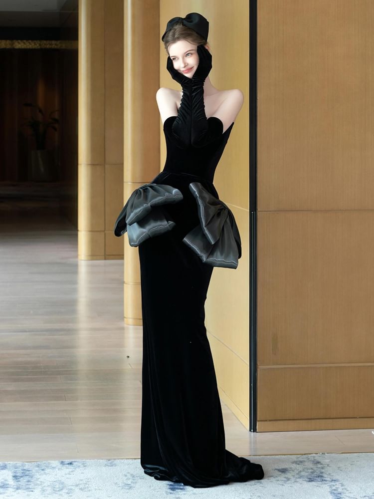 Strapless Plain Bow Sheath Evening Gown SpreePicky