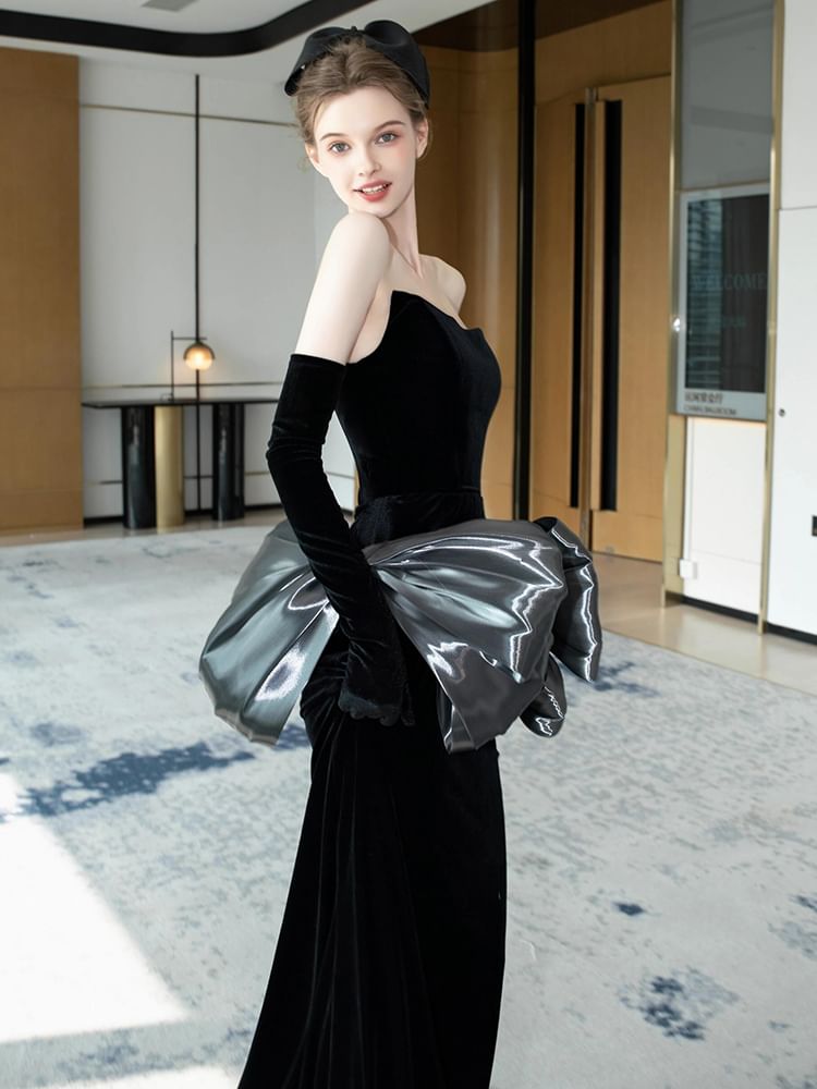 Strapless Plain Bow Sheath Evening Gown SpreePicky