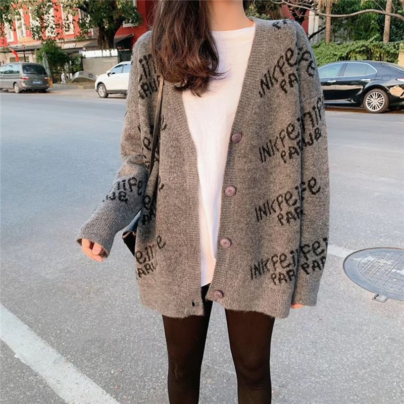 Oversized Lettering V-Neck Cardigan SpreePicky