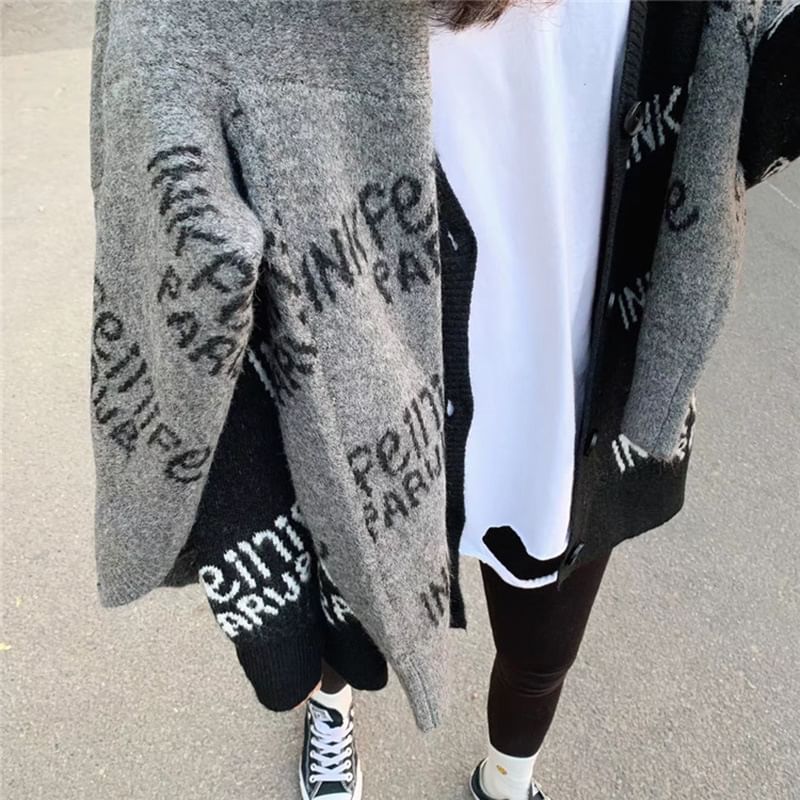 Oversized Lettering V-Neck Cardigan SpreePicky