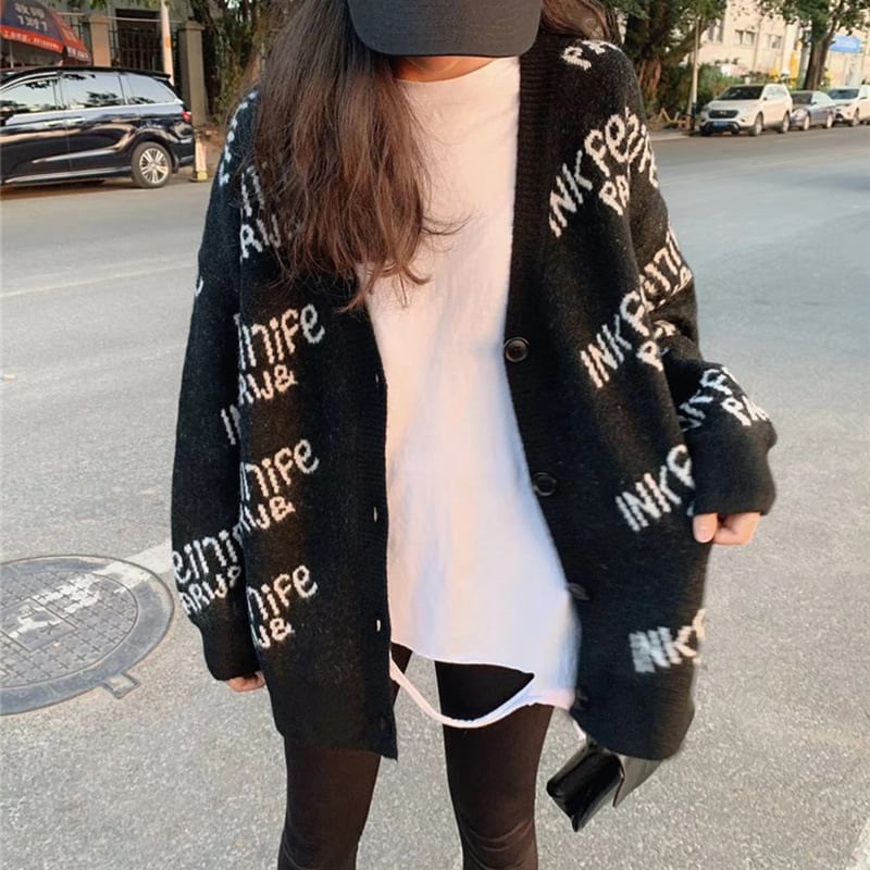 Oversized Lettering V-Neck Cardigan SpreePicky