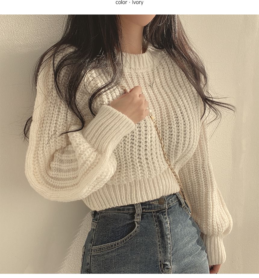 Soft Bubble-Sleeve Cropped Sweater SpreePicky