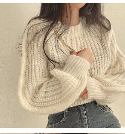 Soft Bubble-Sleeve Cropped Sweater SpreePicky