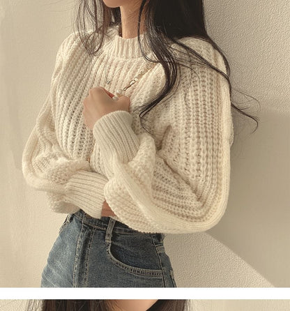 Soft Bubble-Sleeve Cropped Sweater SpreePicky