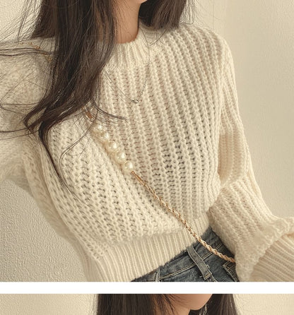 Soft Bubble-Sleeve Cropped Sweater SpreePicky