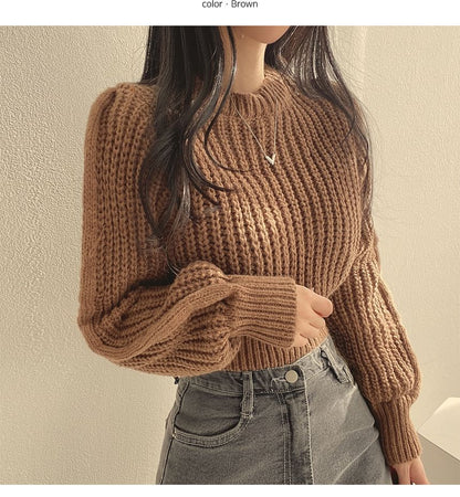 Soft Bubble-Sleeve Cropped Sweater SpreePicky