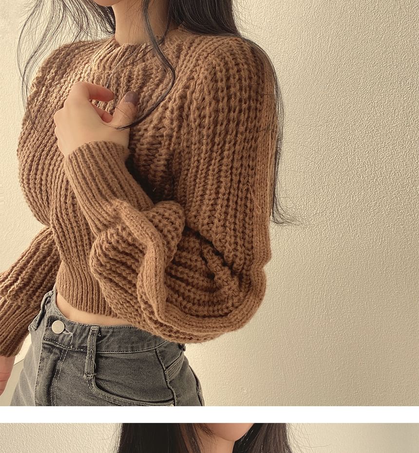 Soft Bubble-Sleeve Cropped Sweater SpreePicky