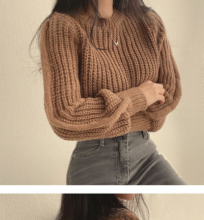 Soft Bubble-Sleeve Cropped Sweater SpreePicky