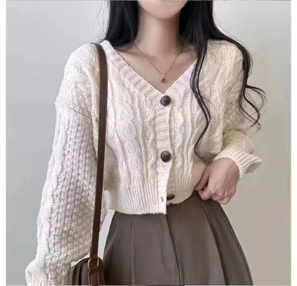 Cropped Cable-Knit V-Neck Cardigan SpreePicky