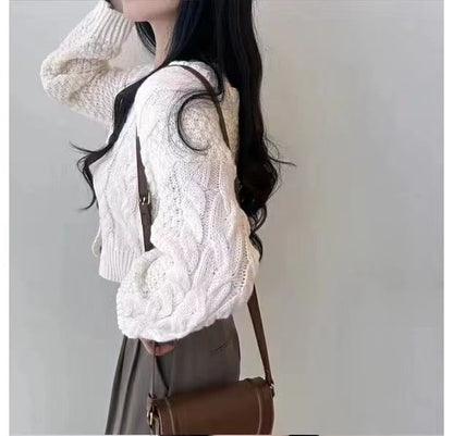 Cropped Cable-Knit V-Neck Cardigan SpreePicky