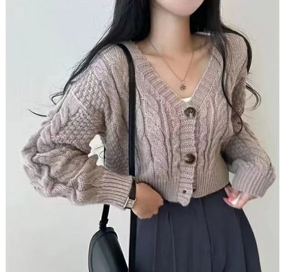 Cropped Cable-Knit V-Neck Cardigan SpreePicky