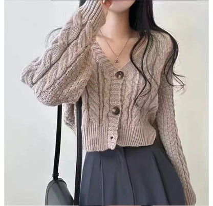 Cropped Cable-Knit V-Neck Cardigan SpreePicky