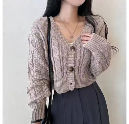 Cropped Cable-Knit V-Neck Cardigan SpreePicky