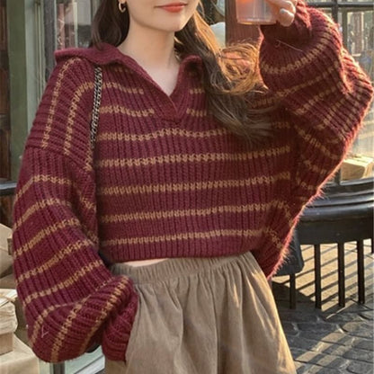 Dolman-Sleeve Striped Polo Sweater SpreePicky