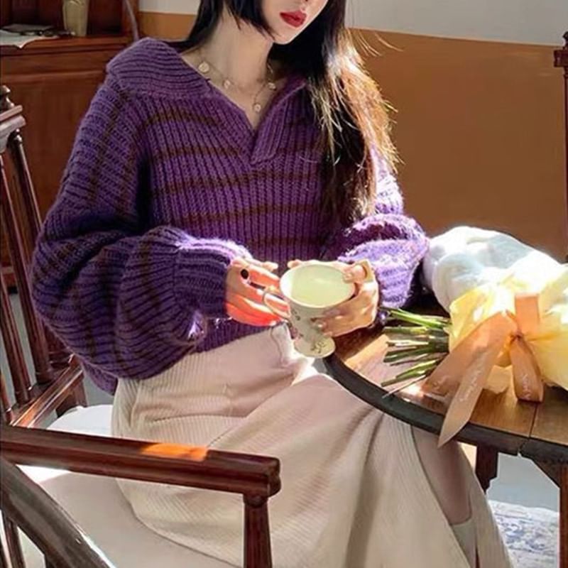 Dolman-Sleeve Striped Polo Sweater SpreePicky