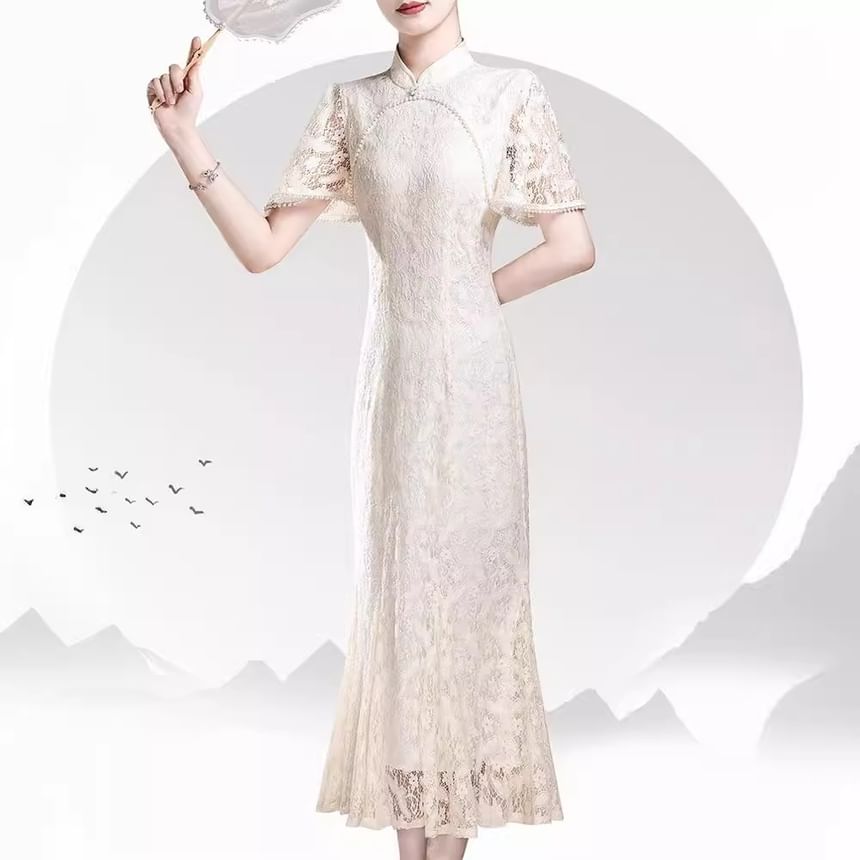 Short Sleeve Mandarin Collar Lace Midi Sheath Dress SpreePicky