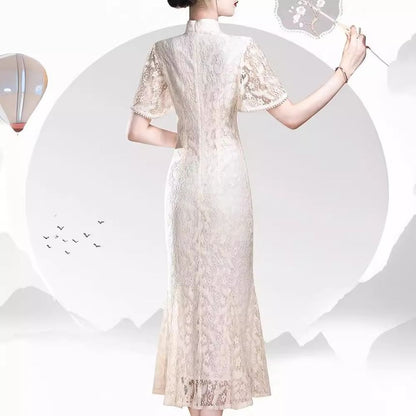 Short Sleeve Mandarin Collar Lace Midi Sheath Dress SpreePicky