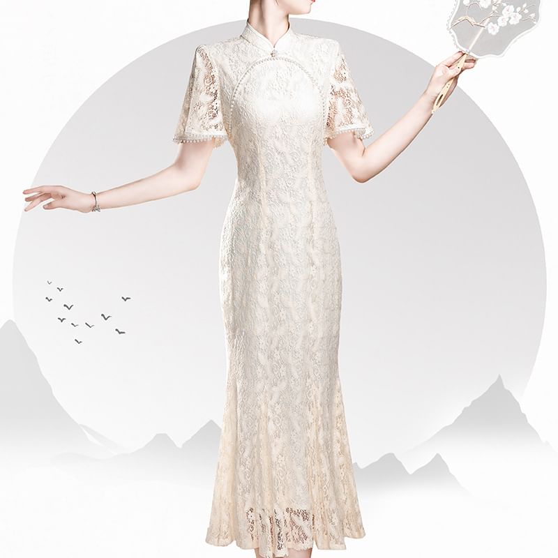 Short Sleeve Mandarin Collar Lace Midi Sheath Dress SpreePicky