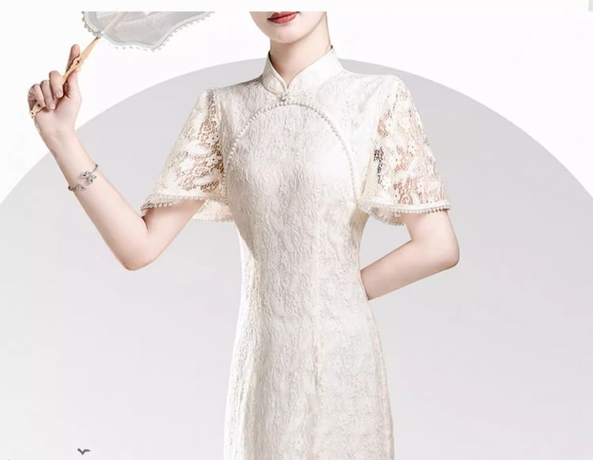 Short Sleeve Mandarin Collar Lace Midi Sheath Dress SpreePicky