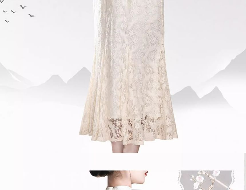 Short Sleeve Mandarin Collar Lace Midi Sheath Dress SpreePicky