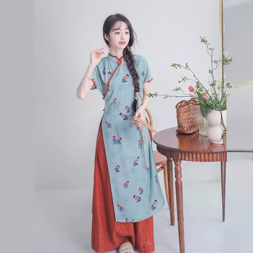 Short-Sleeve Floral Slit Midi Qipao / Mid Waist Wide Leg Pants / Set SpreePicky