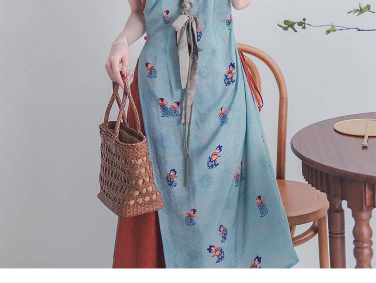 Short-Sleeve Floral Slit Midi Qipao / Mid Waist Wide Leg Pants / Set SpreePicky