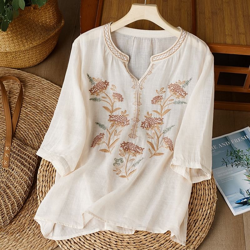 3/4-Sleeve Notch Neck Floral Embroidered Linen Blouse SpreePicky