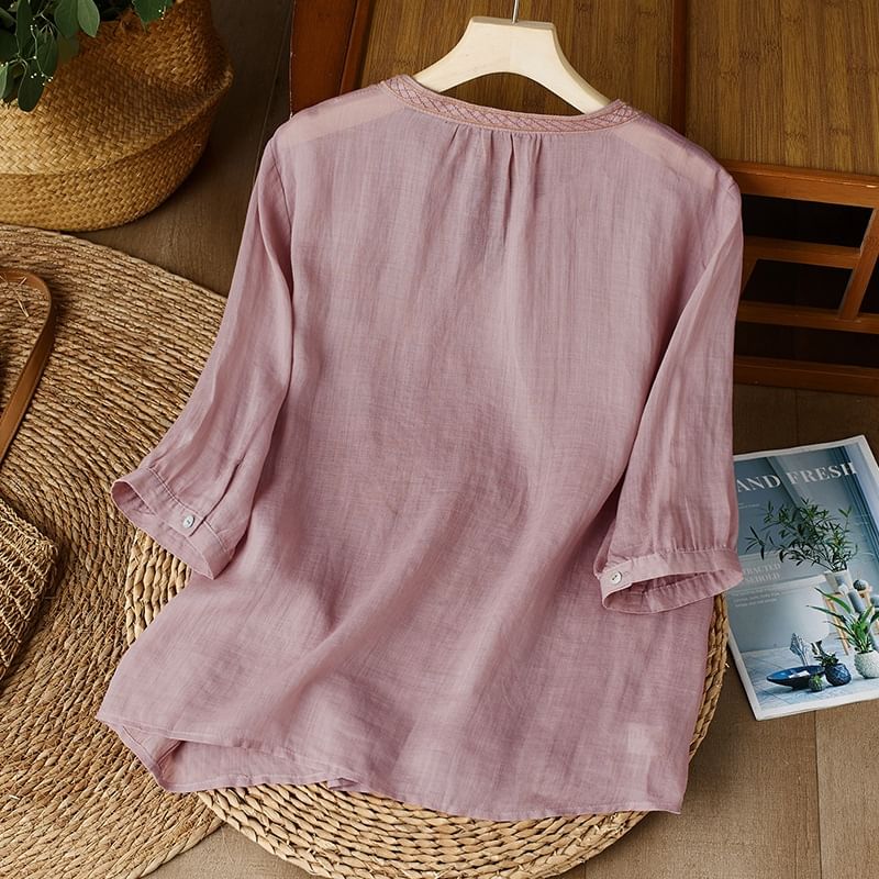 3/4-Sleeve Notch Neck Floral Embroidered Linen Blouse SpreePicky