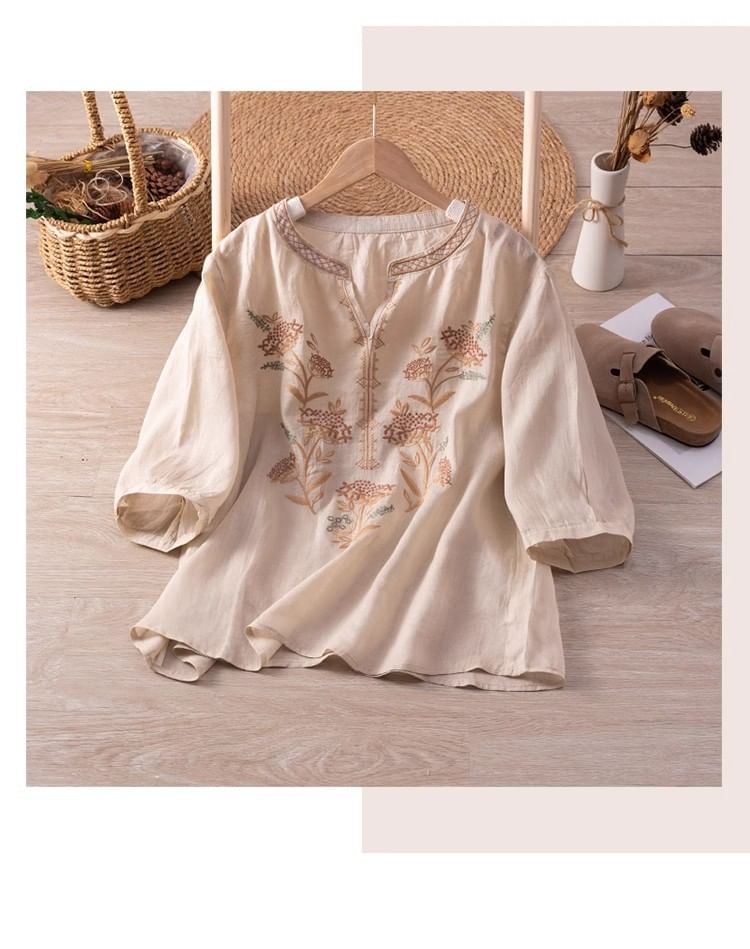 3/4-Sleeve Notch Neck Floral Embroidered Linen Blouse SpreePicky