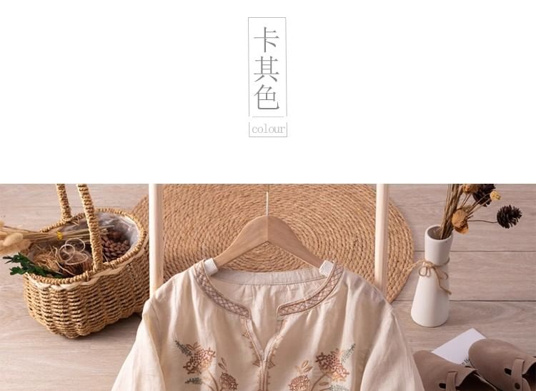 3/4-Sleeve Notch Neck Floral Embroidered Linen Blouse SpreePicky