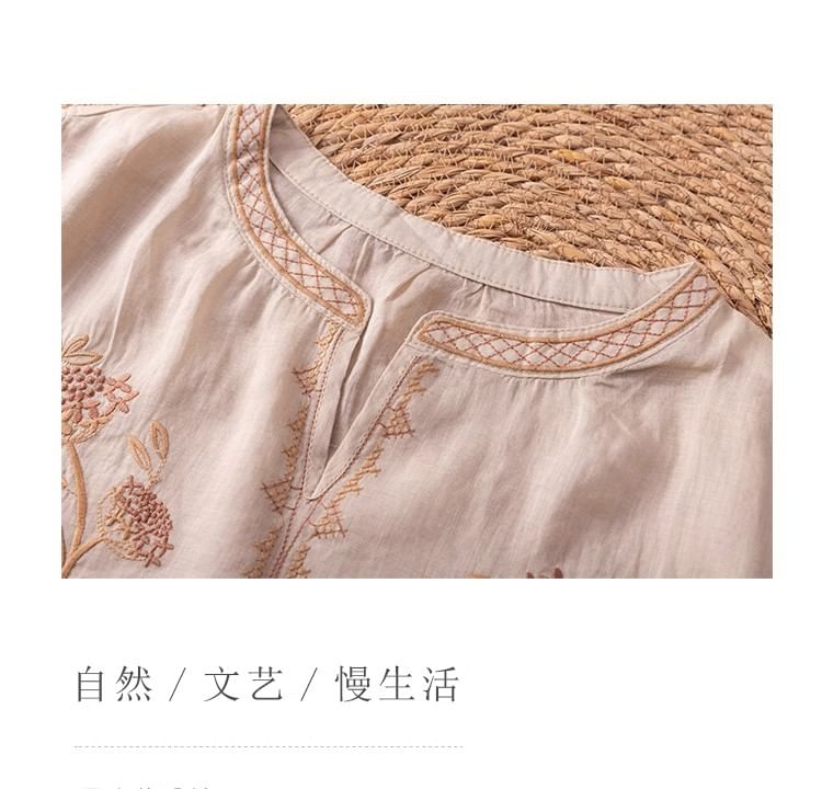 3/4-Sleeve Notch Neck Floral Embroidered Linen Blouse SpreePicky