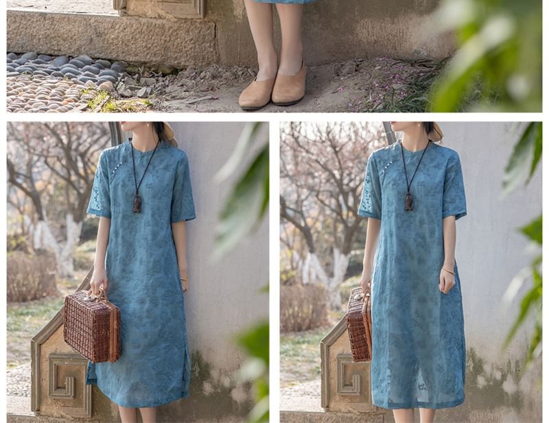 Short Sleeve Mandarin Collar Floral Embroidered Midi A-Line Dress SpreePicky