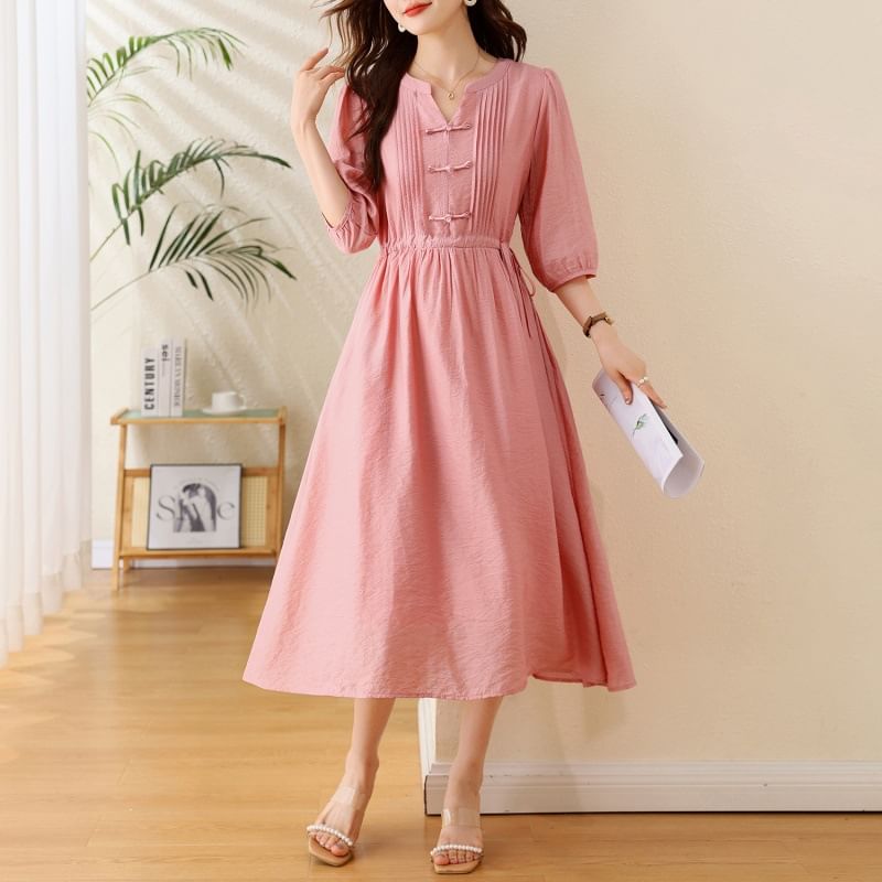 Elbow-Sleeve Notch Neck Plain Bowknot Midi A-Line Dress SpreePicky