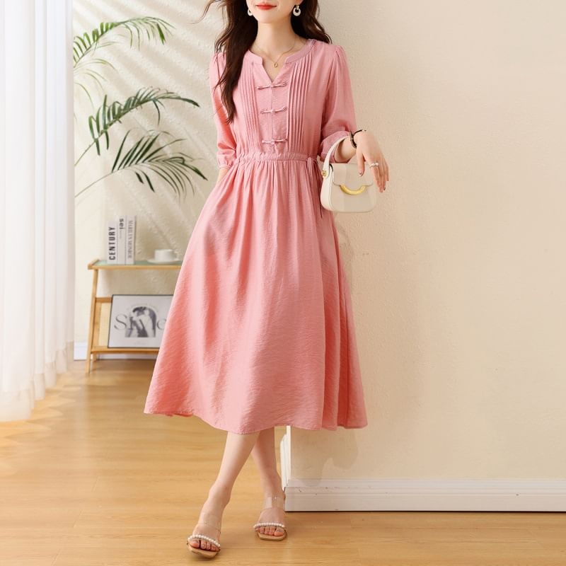 Elbow-Sleeve Notch Neck Plain Bowknot Midi A-Line Dress SpreePicky