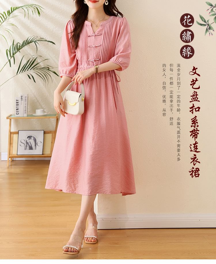 Elbow-Sleeve Notch Neck Plain Bowknot Midi A-Line Dress SpreePicky