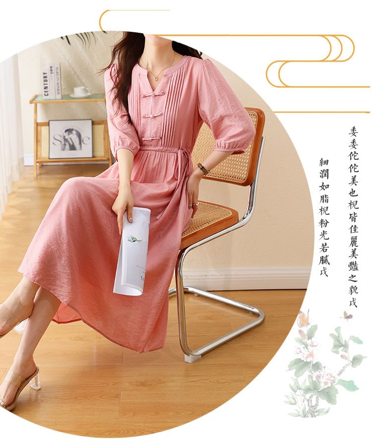 Elbow-Sleeve Notch Neck Plain Bowknot Midi A-Line Dress SpreePicky