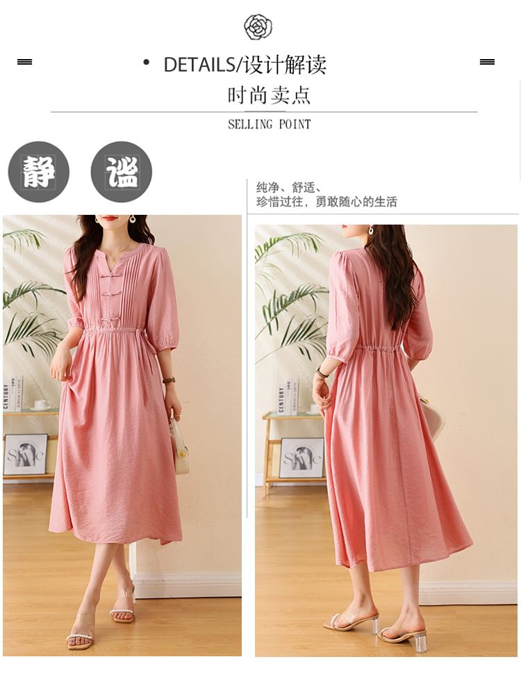 Elbow-Sleeve Notch Neck Plain Bowknot Midi A-Line Dress SpreePicky