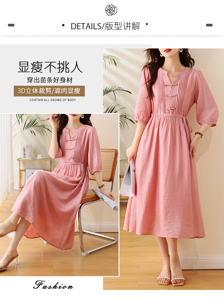 Elbow-Sleeve Notch Neck Plain Bowknot Midi A-Line Dress SpreePicky