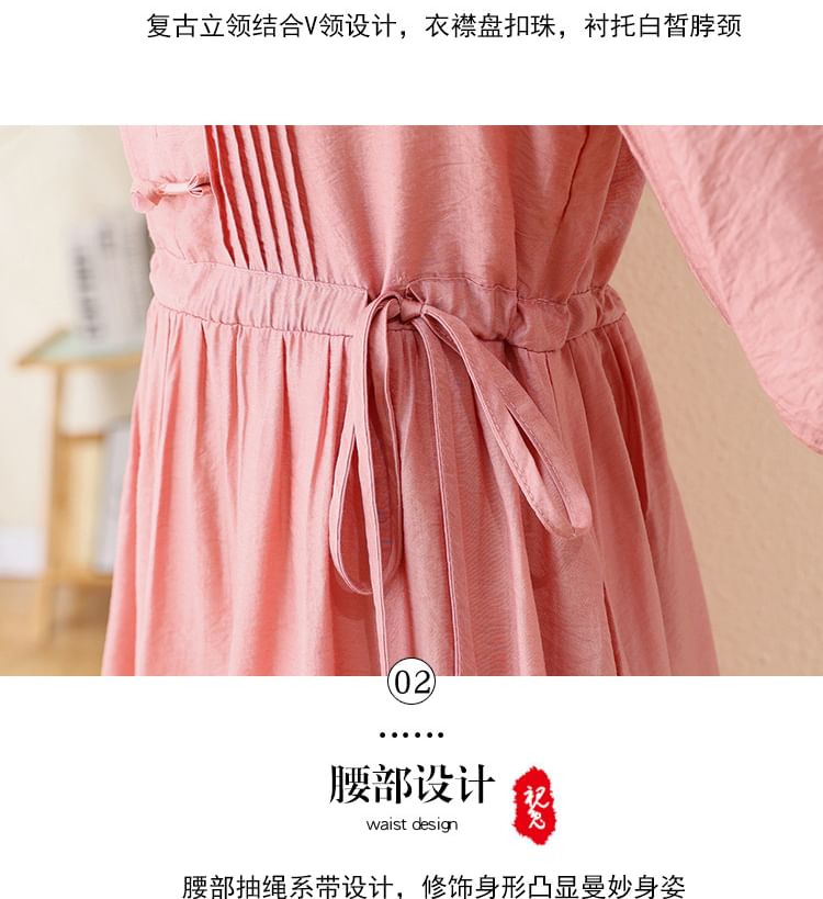 Elbow-Sleeve Notch Neck Plain Bowknot Midi A-Line Dress SpreePicky