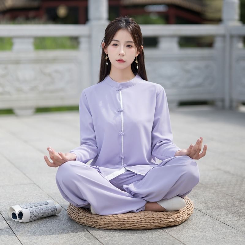 Set: Long-Sleeve Band Collar Plain Hanfu Blouse + Mid Rise Plain Wide Leg Pants SpreePicky