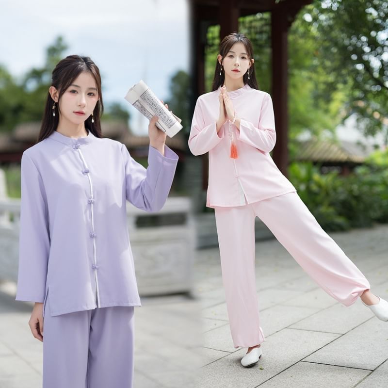 Set: Long-Sleeve Band Collar Plain Hanfu Blouse + Mid Rise Plain Wide Leg Pants SpreePicky