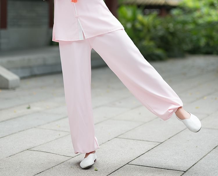 Set: Long-Sleeve Band Collar Plain Hanfu Blouse + Mid Rise Plain Wide Leg Pants SpreePicky