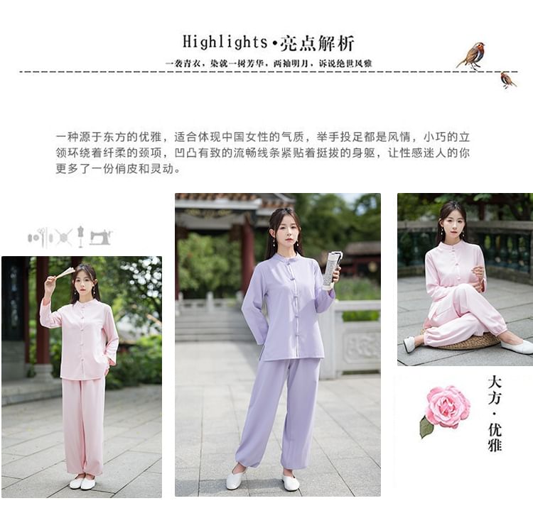 Set: Long-Sleeve Band Collar Plain Hanfu Blouse + Mid Rise Plain Wide Leg Pants SpreePicky