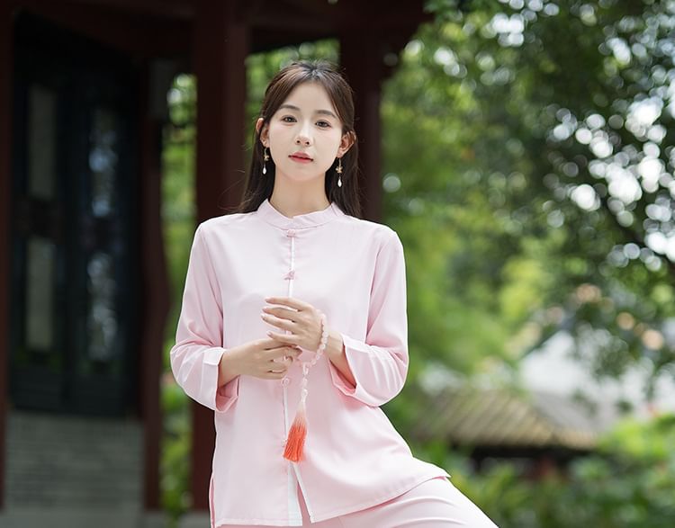 Set: Long-Sleeve Band Collar Plain Hanfu Blouse + Mid Rise Plain Wide Leg Pants SpreePicky