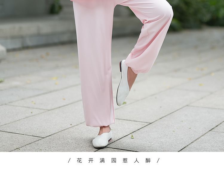 Set: Long-Sleeve Band Collar Plain Hanfu Blouse + Mid Rise Plain Wide Leg Pants SpreePicky