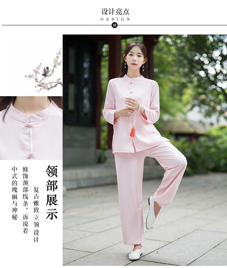 Set: Long-Sleeve Band Collar Plain Hanfu Blouse + Mid Rise Plain Wide Leg Pants SpreePicky